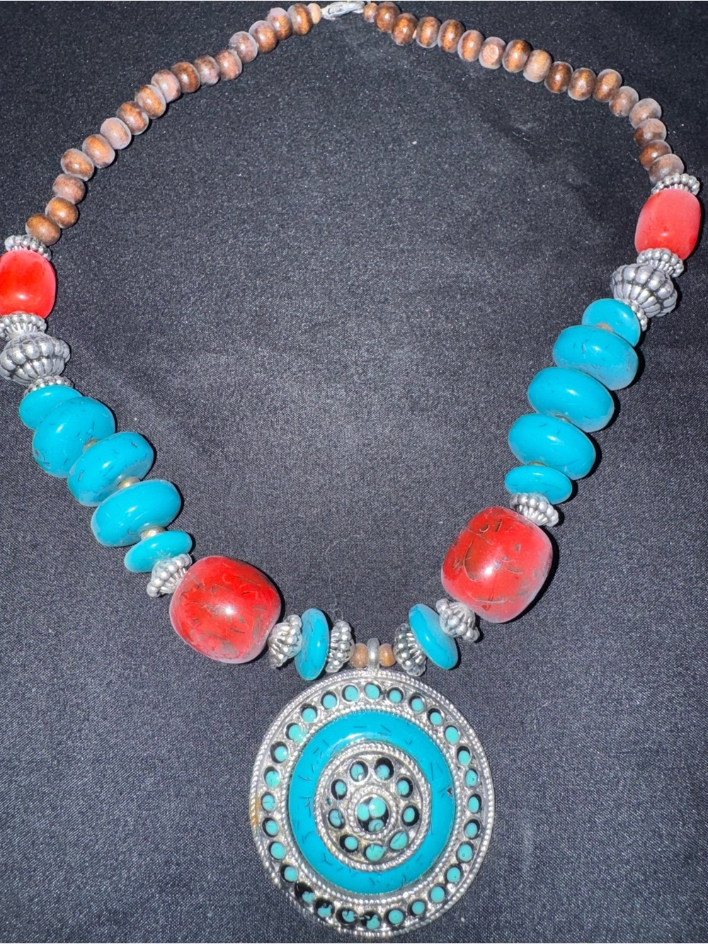 Boho Turquoise & Red Statement Necklace - Unbranded